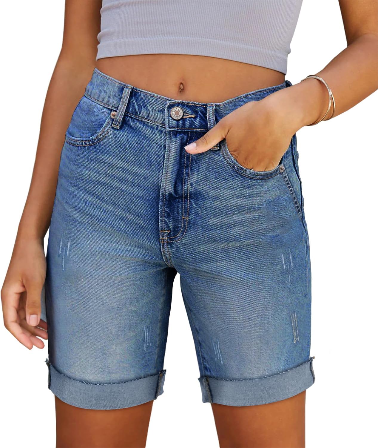 CHICZONE Womens Bermuda Jean Shorts Stretchy Mid Waisted Denim Shorts with Pockets