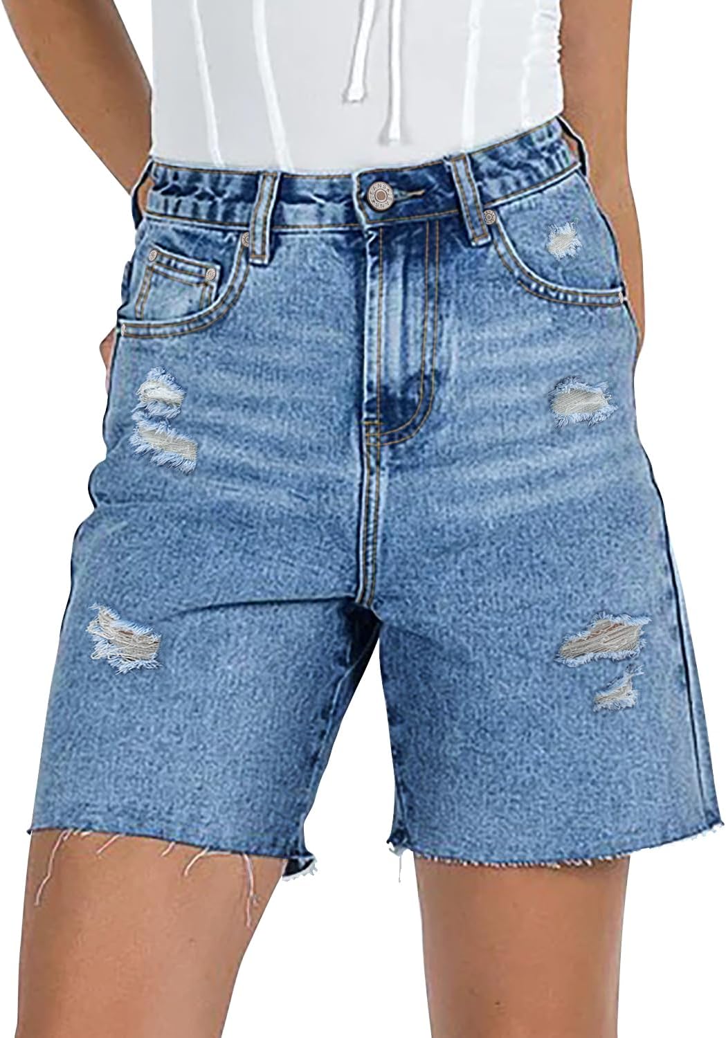 CHICZONE Womens Bermuda Jean Shorts Stretchy Mid Waisted Denim Shorts with Pockets