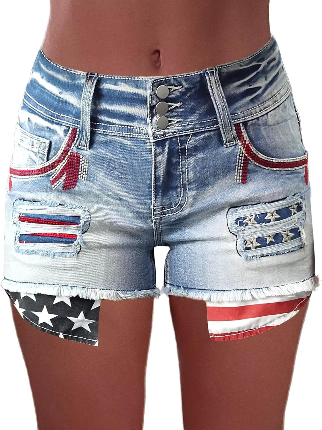 Flamingals Distressed Jean Shorts for Women High Waist American Flag Button Fly Raw Hem Denim Shorts