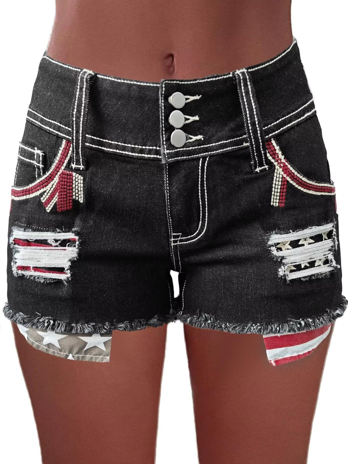 Flamingals Distressed Jean Shorts for Women High Waist American Flag Button Fly Raw Hem Denim Shorts