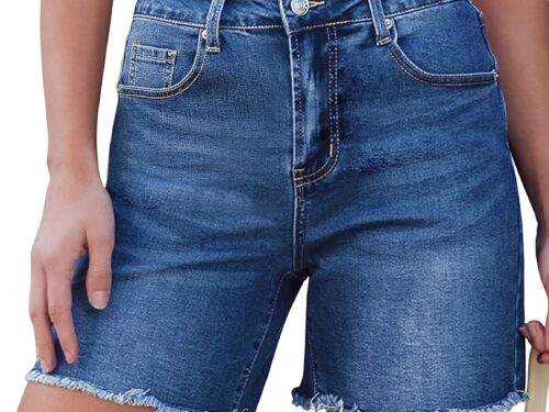 Women Trendy High Waisted Stretchy Denim Summer Raw Hem Mom Long Shorts Cutoff Jorts