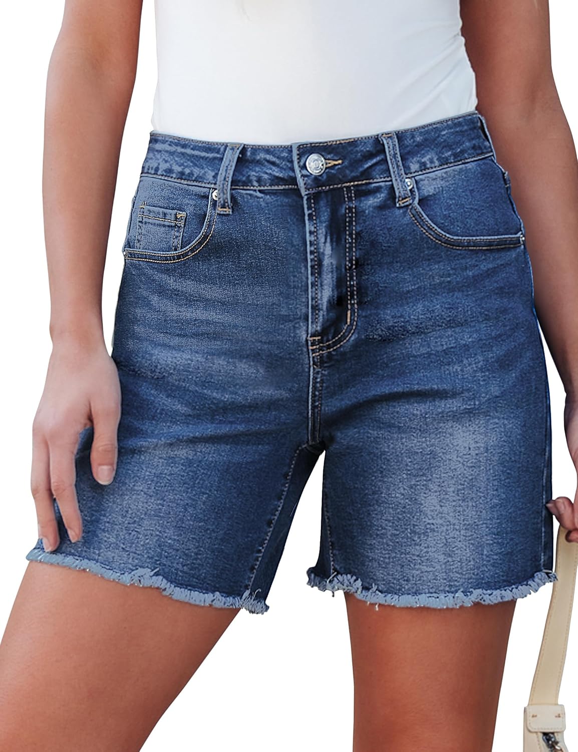 luvamia FleXclusive Jean Shorts for Women Trendy High Waisted Stretchy Denim Summer Raw Hem Mom Long Shorts Cutoff Jorts