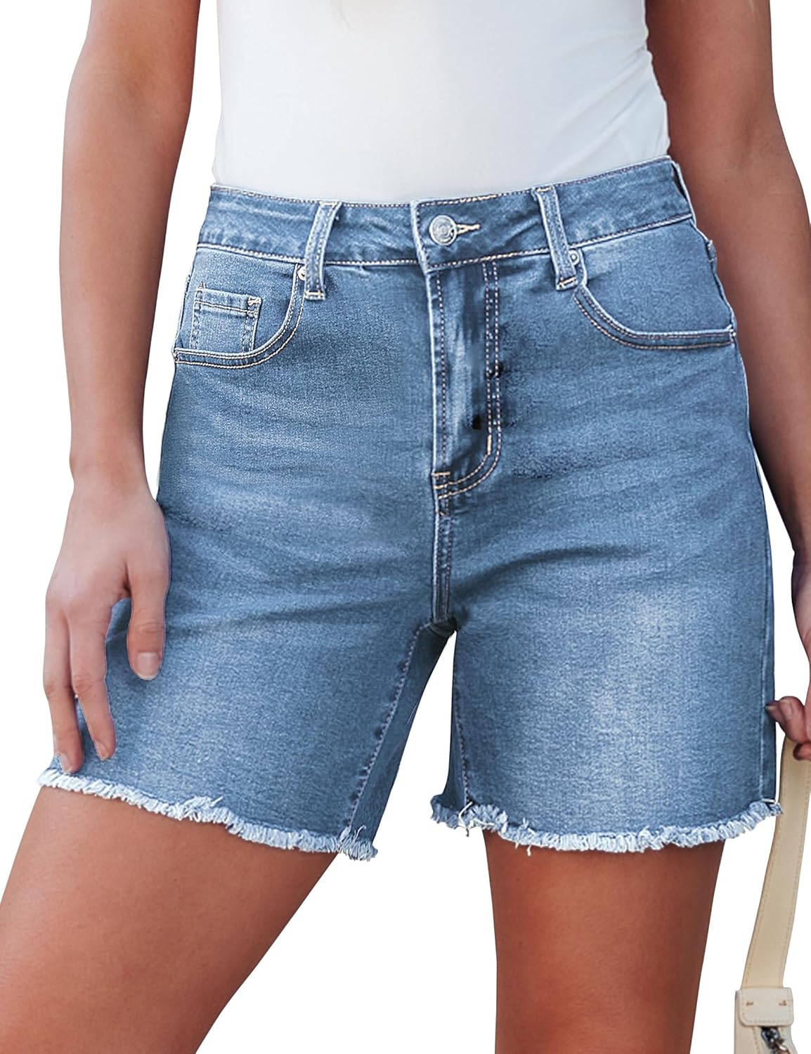 luvamia FleXclusive Jean Shorts for Women Trendy High Waisted Stretchy Denim Summer Raw Hem Mom Long Shorts Cutoff Jorts