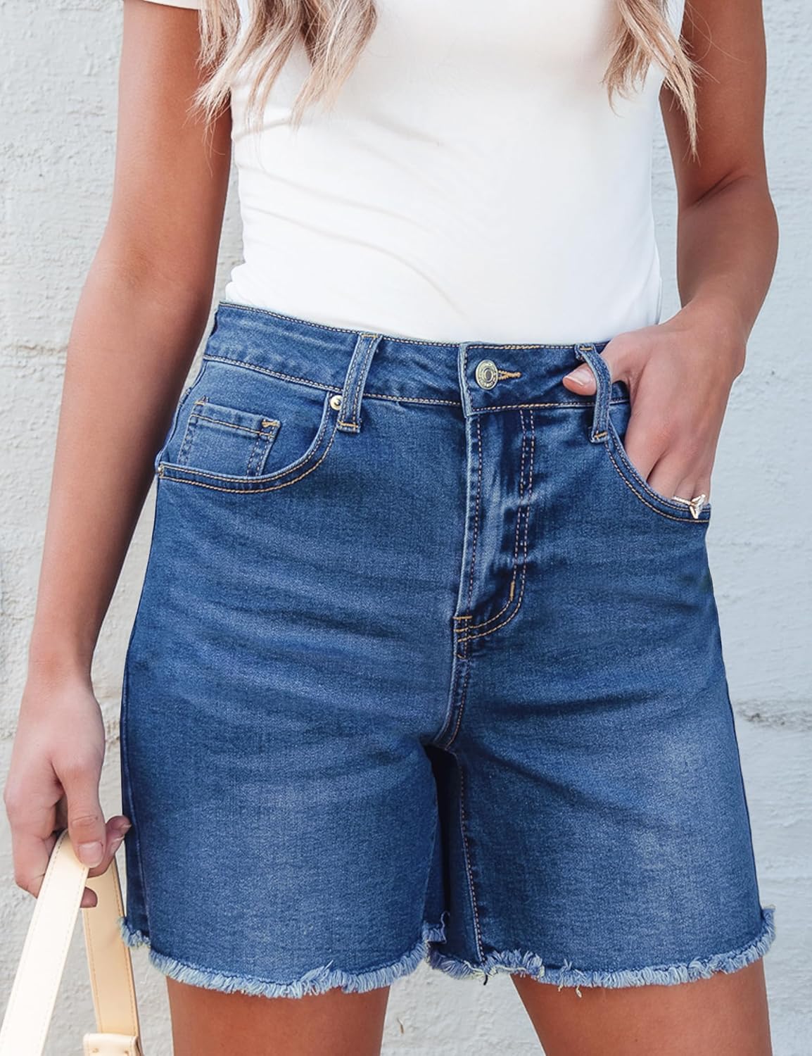 luvamia FleXclusive Jean Shorts for Women Trendy High Waisted Stretchy Denim Summer Raw Hem Mom Long Shorts Cutoff Jorts