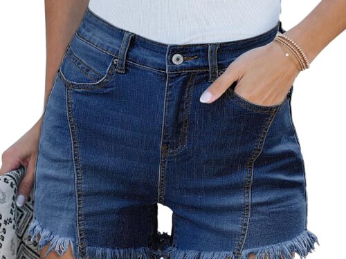 Women Trendy High Waisted Seamed Front Stretchy Denim Shorts Cut Off Frayed Hem Casual Summer