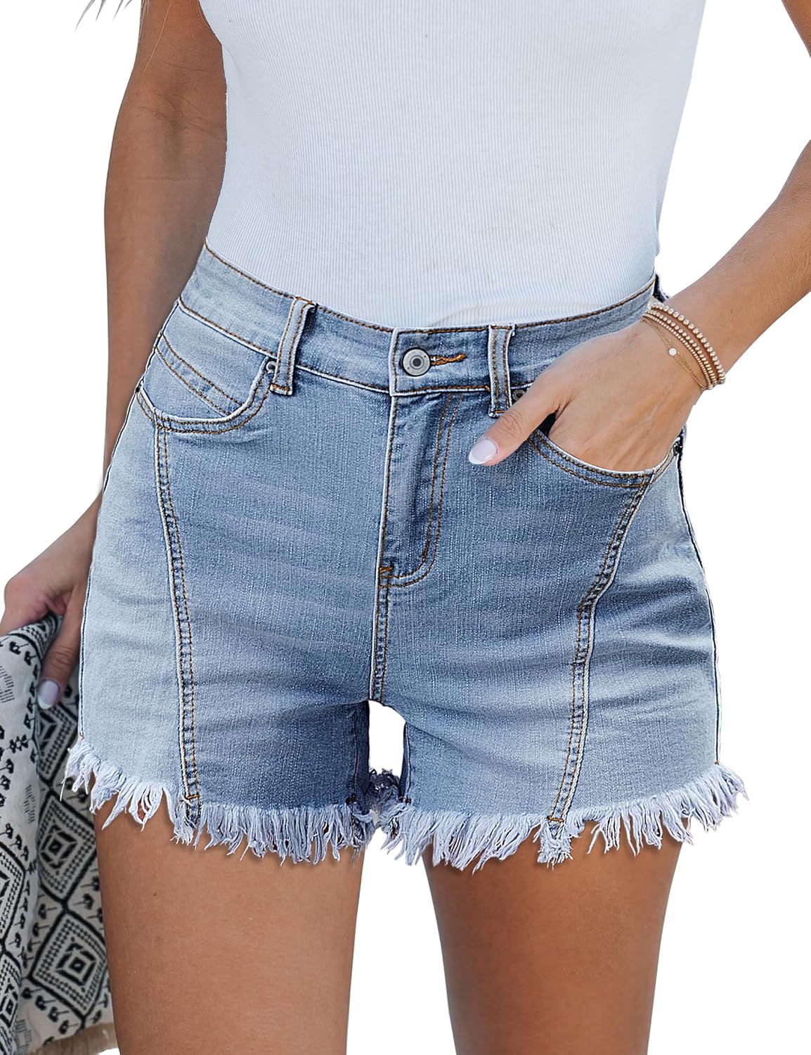 luvamia Jean Shorts for Women Trendy High Waisted Seamed Front Stretchy Denim Shorts Cut Off Frayed Hem Casual Summer