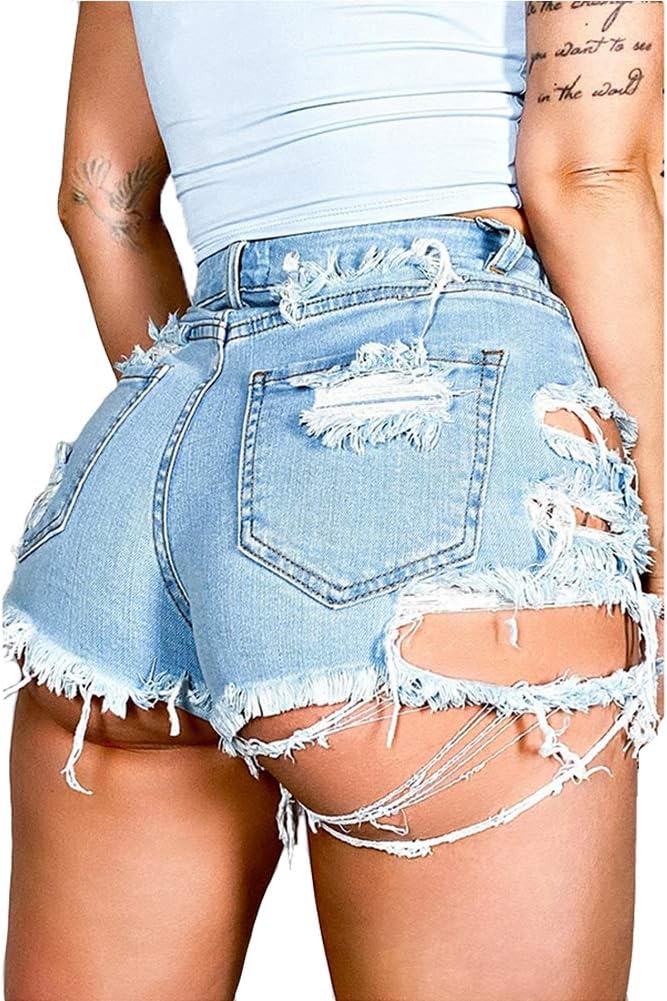 Susupeng Women Summer Irregular Waist Jean Shorts with Pockets Frayed Ripped Holes Cute Sexy Hot Mini Denim Shorts