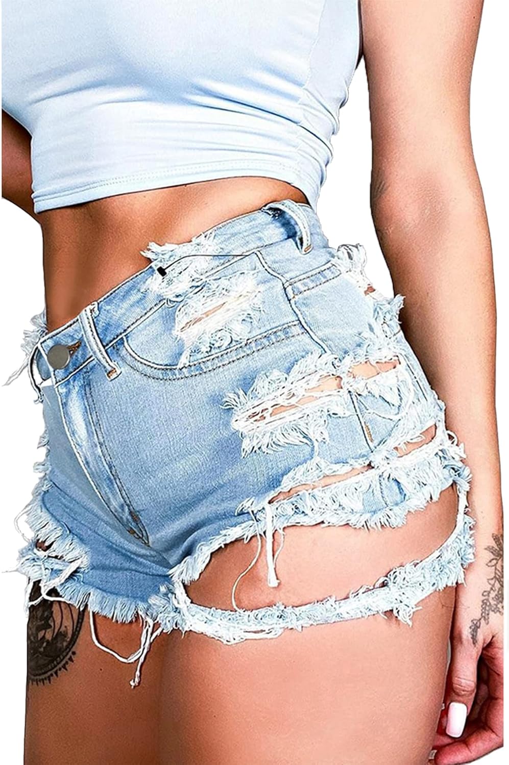 Susupeng Women Summer Irregular Waist Jean Shorts with Pockets Frayed Ripped Holes Cute Sexy Hot Mini Denim Shorts