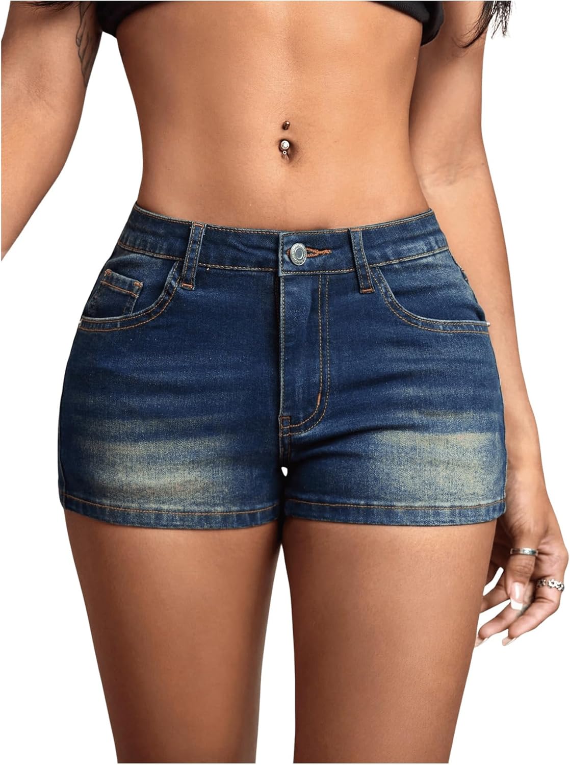WDIRARA Women's Low Waist Button Skinny Denim Shorts Streetwear Stretch Shorts