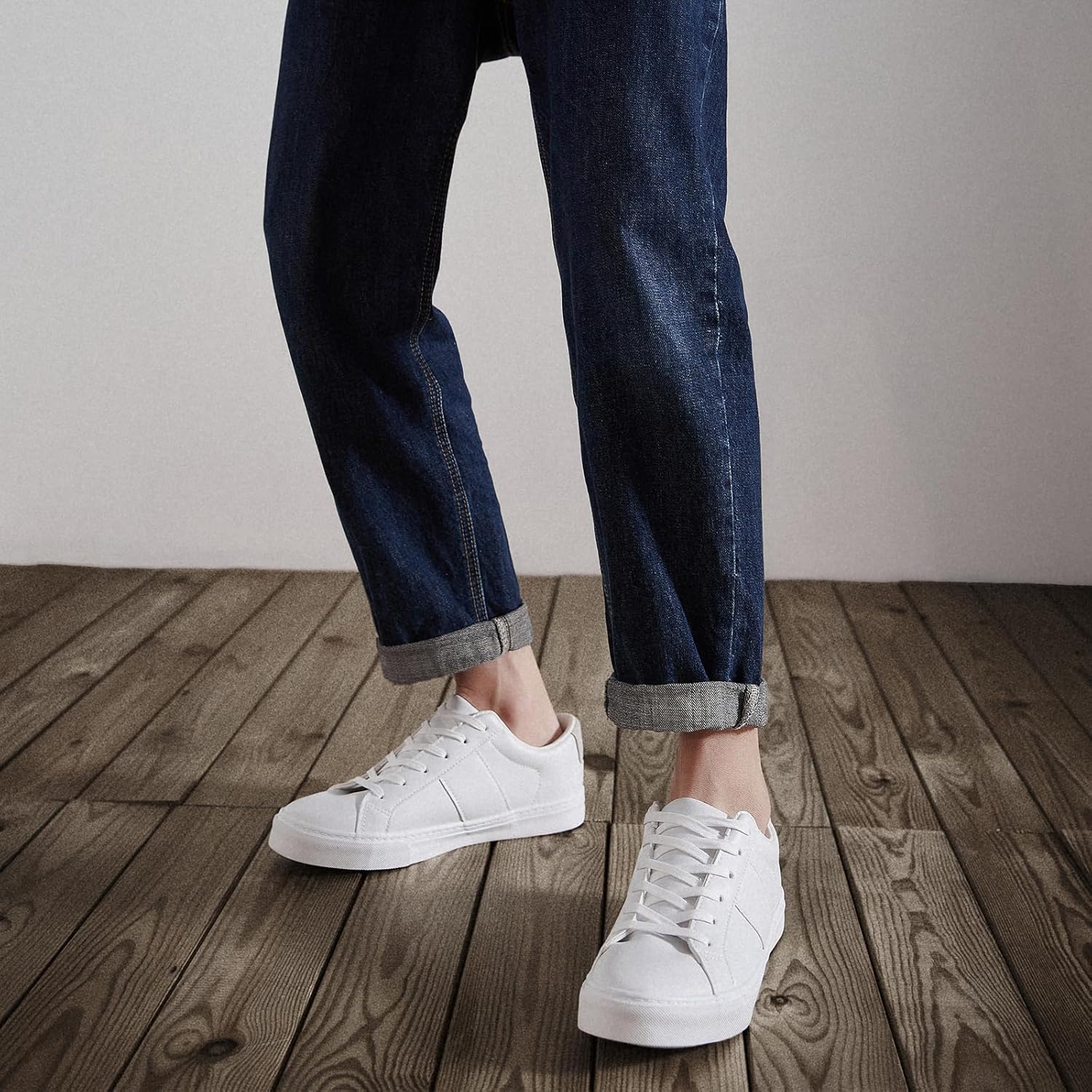 ZGR Men's Synthetic Leather White Sneakers,Low Top White Tennis Shoes,Lace up Casual Shoes