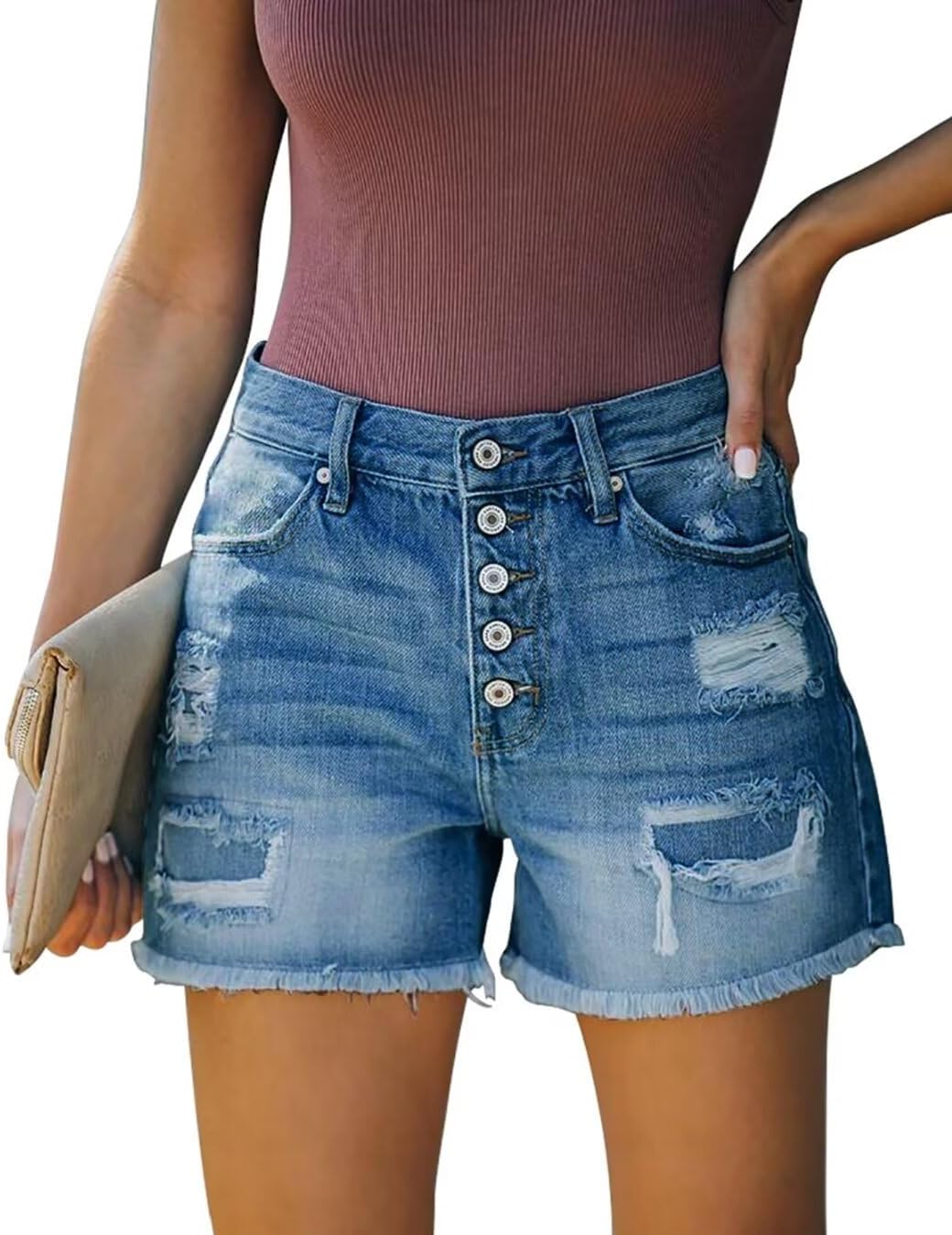 ZOLUCKY Women's Casual Summer Denim Shorts Mid Waisted Stretchy Ripped Jean Shorts with Pockets