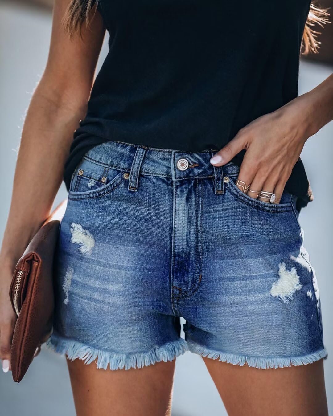 ZOLUCKY Women's Casual Summer Denim Shorts Mid Waisted Stretchy Ripped Jean Shorts with Pockets