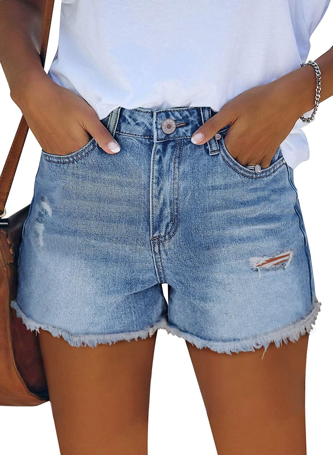ZOLUCKY Women's Casual Summer Denim Shorts Mid Waisted Stretchy Ripped Jean Shorts with Pockets