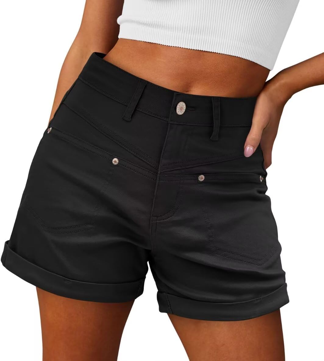 ZOLUCKY Women's Casual Summer Denim Shorts Mid Waisted Stretchy Ripped Jean Shorts with Pockets