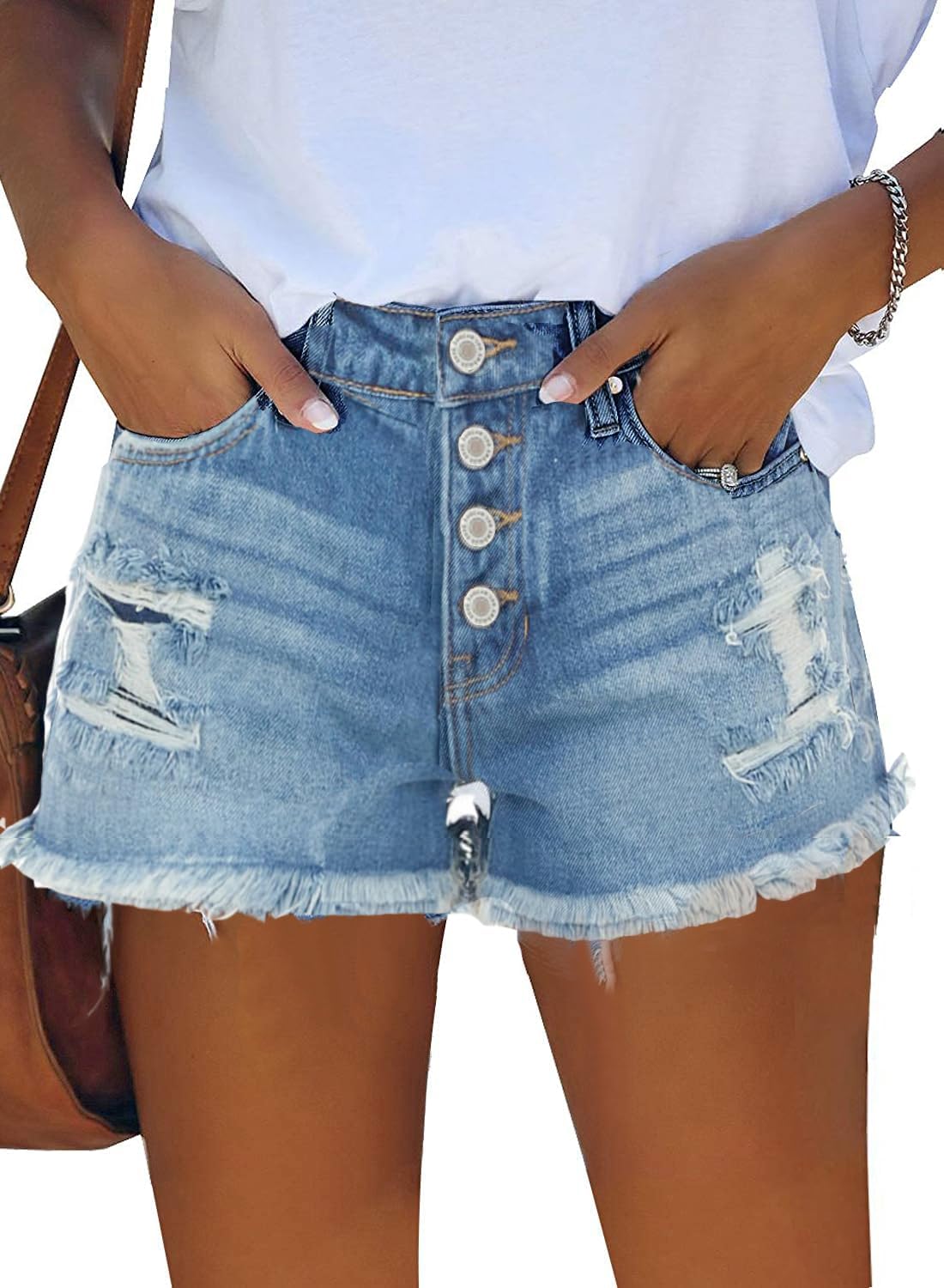 ZOLUCKY Women's Casual Summer Denim Shorts Mid Waisted Stretchy Ripped Jean Shorts with Pockets