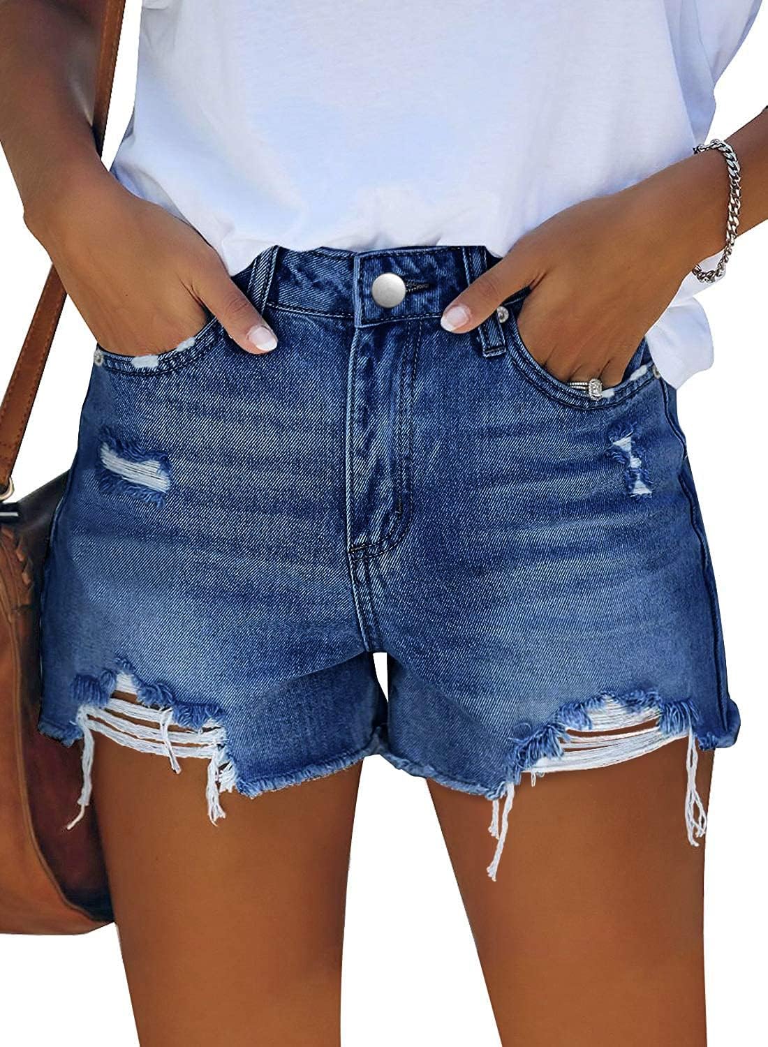 ZOLUCKY Women's Casual Summer Denim Shorts Mid Waisted Stretchy Ripped Jean Shorts with Pockets